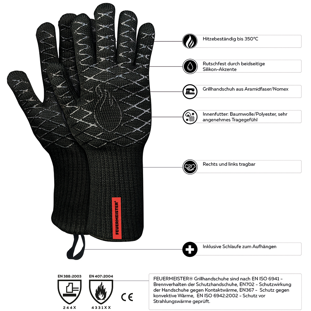 Grillhandschuh schwarz Größe 10 FEUERMEISTER BBQ Handschuh aus Aramid Baumwolle 